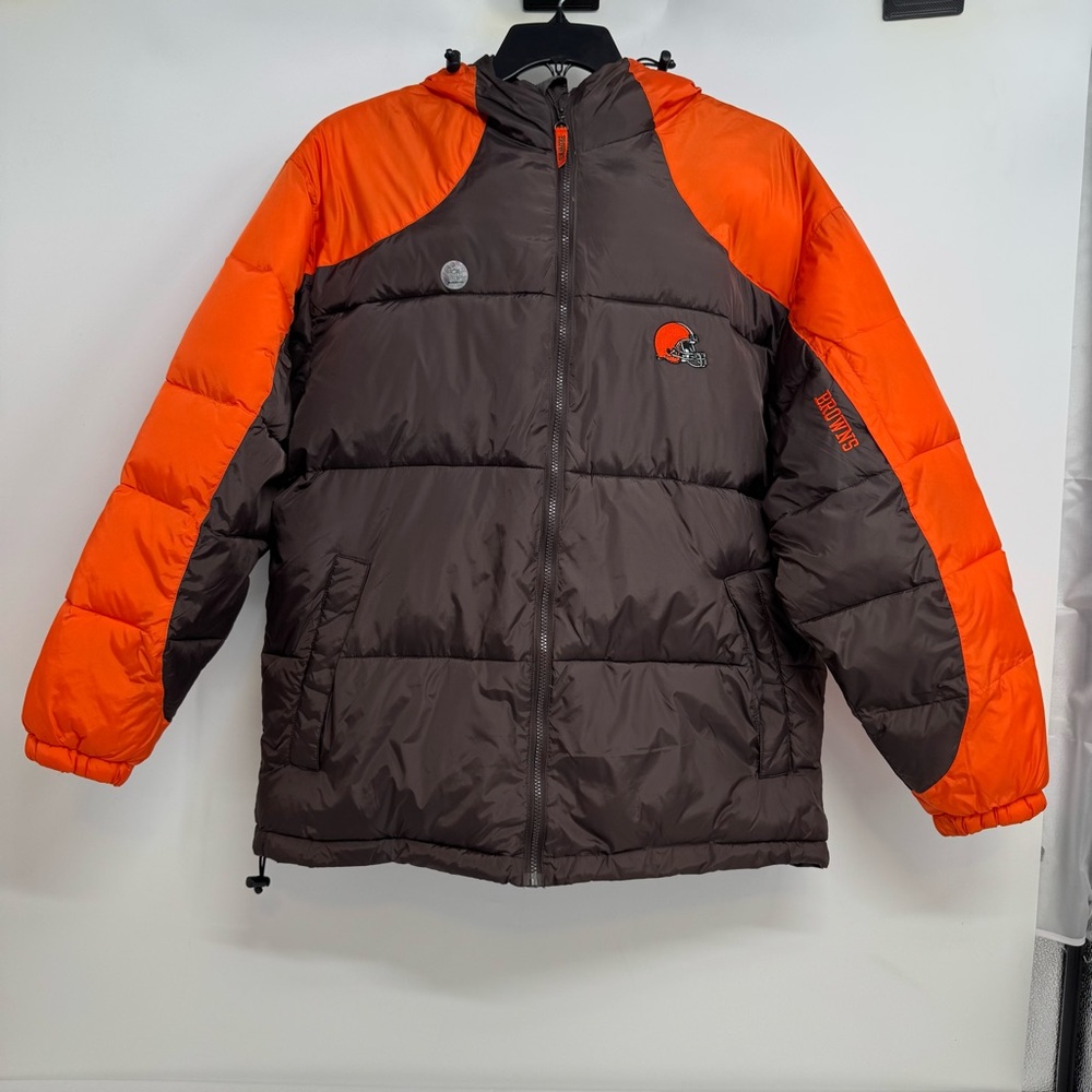 NFL Cleveland Browns Puffer Jacket Size L Hood Orange/Brown Logo Zip Pockets